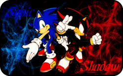 Size: 597x368 | Tagged: safe, artist:deathgoddess1995, shadow the hedgehog, sonic the hedgehog, 2012, abstract background, character name, duo, frown, looking at viewer, looking offscreen, smile, wallpaper