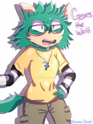 Size: 1280x1707 | Tagged: safe, artist:bruhsonicman, wolf, 2021, alternate universe, character name, clothes, crucifix, deviantart watermark, face piercing, gears the wolf, glasses, hand on hip, lip peircing, looking offscreen, mouth open, necklace, nose piercing, nose ring, obtrusive watermark, pants, shirt, simple background, solo, standing, watermark, white background