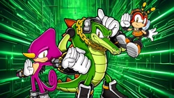 Size: 1920x1080 | Tagged: safe, artist:soniclover82, charmy bee, espio the chameleon, vector the crocodile, team chaotix, trio, wallpaper
