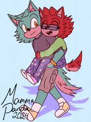 Size: 1280x1707 | Tagged: safe, artist:bruhsonicman, gadget the wolf, wolf, 2024, alternate universe, blue background, brothers, clothes, duo, eyes closed, flat colors, gears the wolf, holding each other, long-sleeved shirt, missing tooth, mouth open, open smile, pants, riding on back, shadow (lighting), shirt, shorts, signature, simple background, smile, walking