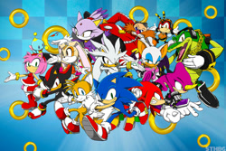 Size: 1095x730 | Tagged: safe, artist:sonicthehedgehogbg, amy rose, blaze the cat, charmy bee, cheese (chao), cream the rabbit, espio the chameleon, knuckles the echidna, miles "tails" prower, robotnik, rouge the bat, shadow the hedgehog, silver the hedgehog, sonic the hedgehog, vector the crocodile, group, ring, wallpaper