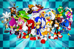 Size: 1095x730 | Tagged: safe, artist:sonicthehedgehogbg, amy rose, big the cat, charmy bee, espio the chameleon, jet the hawk, knuckles the echidna, miles "tails" prower, robotnik, rouge the bat, shadow the hedgehog, silver the hedgehog, sonic the hedgehog, storm the albatross, vector the crocodile, wave the swallow, group, wallpaper