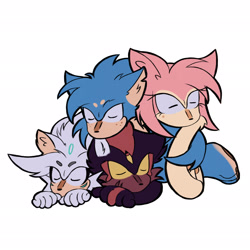 Size: 2048x2048 | Tagged: safe, artist:vampindebt, amy rose, shadow the hedgehog, silver the hedgehog, sonic the hedgehog, hedgehog, 2025, amybetes, barefoot, beanbrows, cheek fluff, cute, dark skin, ear fluff, eye clipping through hair, eyelashes, eyes closed, flat colors, freckles, group, lying down, lying on front, no mouth, pawpads, paws, shadowbetes, silvabetes, simple background, sleeping, sonabetes, third eye, three eyes, torn ear, white background, yellow sclera