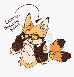 Size: 1763x1828 | Tagged: safe, artist:graves-yard, miles "tails" prower, 2025, arm fluff, brown gloves, brown tipped tail, chest fluff, ear fluff, english text, fangs, flat colors, goggles, head fluff, hip fluff, looking offscreen, mouth open, neck fluff, open smile, pointing, signature, simple background, smile, solo, tail fluff, text, white background
