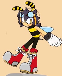 Size: 662x803 | Tagged: safe, artist:oakglove, charmy bee, bee, 2025, aged up, boots, cream background, eyewear on head, goggles, goggles on head, hands behind back, hands together, looking at viewer, older, shoelaces, simple background, smile, smiling at viewer, solo, standing, standing on one leg, teenager