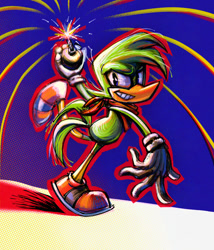 Size: 1200x1400 | Tagged: safe, artist:itsknockles, bean the dynamite, 2025, abstract background, bomb, holding something, looking at viewer, outline, posing, smile, smiling at viewer, solo, standing, standing on one leg