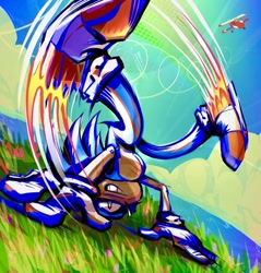 Size: 1200x1254 | Tagged: safe, artist:itsknockles, miles "tails" prower, sonic the hedgehog, 2025, abstract background, clouds, daytime, duo, grass, handstand, outdoors, smile, solo focus, tornado i, upside down, water
