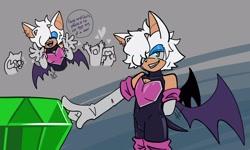 Size: 2048x1229 | Tagged: suggestive, artist:hayweerc, rouge the bat, abstract background, bisexual, bulge, camera, dialogue, english text, eyes closed, gender swap, group, hair over one eye, heart, looking at viewer, male, master emerald, smile, solo focus