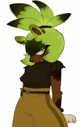 Size: 1330x2048 | Tagged: safe, artist:opossuminnit, surge the tenrec, 2025, clenched teeth, dark skin, hands behind back, looking at viewer, simple background, smile, smiling at viewer, solo, standing, white background