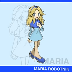 Size: 2048x2048 | Tagged: safe, artist:yunnie236, maria robotnik, human, 2025, character name, echo background, eyebrow clipping through hair, looking at viewer, mouth open, open smile, smile, smiling at viewer, solo, standing, text, uekawa style