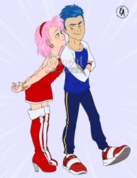 Size: 928x1200 | Tagged: safe, artist:evayart, amy rose, sonic the hedgehog, human, humanized