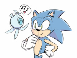 Size: 1280x966 | Tagged: safe, artist:hemmoyay, sonic the hedgehog, wisp, 2022, blue wisp, duo, eyes closed, hand on chin, hand on hip, heart, looking at them, musical note, sketch, smile, sonic colors ultimate, speech bubble, standing