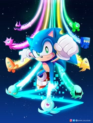 Size: 3120x4160 | Tagged: safe, artist:jonnisalazar, sonic the hedgehog, wisp, 2021, abstract background, blue wisp, clenched fist, clenched teeth, cyan wisp, flying, green wisp, group, mid-air, orange wisp, pink wisp, purple wisp, redraw, signature, smile, smiling at viewer, solo focus, sonic colors ultimate, star (sky), turquoise wisp, yellow wisp