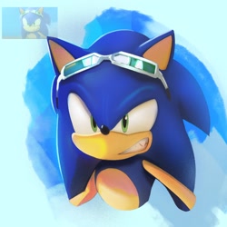 Size: 2048x2048 | Tagged: safe, artist:nenemyun, sonic the hedgehog, 2025, abstract background, angry, bust, clenched teeth, lineless, looking offscreen, redraw, reference inset, solo, sonic free riders