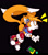 Size: 1280x1447 | Tagged: safe, artist:blehmaster7, miles "tails" prower, oc, oc:kyla meters, 2025, bandana, belt, black background, boots, bottomless, clothes, eye clipping through hair, eyewear on head, flying, frown, gender swap, gloves, goggles, goggles on head, looking offscreen, mid-air, remote controller, shirt, shrunken pupils, simple background, solo, stockings