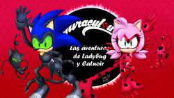 Size: 1024x576 | Tagged: safe, artist:amoretoylover, amy rose, sonic the hedgehog, chao, hedgehog, 2017, abstract background, cat noir (miraculous), chaoified, crossover, french text, green sclera, kwami, ladybug (miraculous), looking at viewer, miraculous: tales of ladybug & cat noir, plagg (miraculous), posing, smile, text, tikki (miraculous), wings