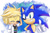 Size: 1024x683 | Tagged: safe, artist:amoretoylover, sonic the hedgehog, cat, hedgehog, 2017, abstract background, adrien agreste (miraculous), crossover, duo, eyes closed, hand on hip, miraculous: tales of ladybug & cat noir, mobianified, signature, smile, smiling at viewer, standing, thumbs up