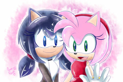 Size: 1024x683 | Tagged: safe, artist:amoretoylover, amy rose, hedgehog, 2017, abstract background, crossover, duo, marinette dupain-cheng (miraculous), miraculous: tales of ladybug & cat noir, mobianified, signature, smile, smiling at viewer, standing, waving