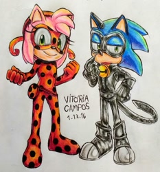Size: 1381x1481 | Tagged: safe, artist:vitoriacampos, amy rose, sonic the hedgehog, hedgehog, 2016, bell, cat noir (miraculous), clenched fists, crossover, crossover cosplay, duo, ladybug (miraculous), lidded eyes, looking at viewer, miraculous: tales of ladybug & cat noir, mouth open, signature, smile, smiling at viewer, standing, traditional media, yo-yo