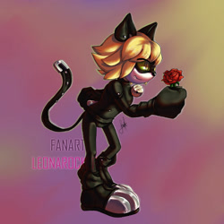 Size: 1280x1280 | Tagged: safe, artist:leonarockera, 2020, adrien agreste (miraculous), barely sonic related, cat noir (miraculous), crossover, eyebrow clipping through hair, flower, gradient background, hand behind back, holding something, looking offscreen, miraculous: tales of ladybug & cat noir, outline, rose, side view, signature, smile, solo, standing, unknown species