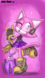 Size: 1079x1871 | Tagged: safe, artist:nonicpower, cat, 2024, abstract background, female, fuchsia the cat, holding something, mouth open, open smile, outline, pointing, signature, smile, smiling at viewer, solo, sparkles, standing, standing on one leg, wink, winking at viewer, wispon
