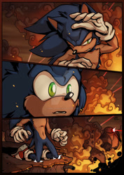 Size: 800x1132 | Tagged: safe, artist:swirlything, sonic the hedgehog, sonic forces, 2017, abstract background, alternate universe, border, chest fluff, death egg robot mk. ii, explosion, kneeling, looking offscreen, one eye closed, outdoors, robot, smoke, solo