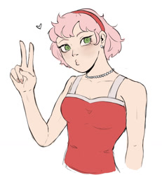 Size: 1001x1081 | Tagged: safe, artist:ineedanapp, amy rose, human, 2025, blushing, ear piercing, earring, flat colors, heart, humanized, looking at viewer, necklace, pout, simple background, solo, v sign, white background