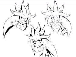 Size: 1328x1000 | Tagged: safe, artist:azemtz, silver the hedgehog, ..., 2025, frown, lidded eyes, line art, looking at viewer, monochrome, simple background, smile, solo, sparkles, white background