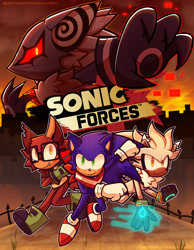 Size: 1587x2048 | Tagged: safe, artist:jesterjesteringjesterly, gadget the wolf, infinite the jackal, silver the hedgehog, sonic the hedgehog, sonic forces, 2025, abstract background, alternate universe, au:silver infinite, digital static, glitch, group, holding something, outdoors, outline, phantom ruby, psychokinesis, running, signature, smile, wispon