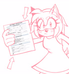 Size: 1891x2048 | Tagged: safe, artist:katplantsart, amy rose, 2025, arrow, blushing, eye clipping through hair, eyebrow clipping through hair, eyelashes, frown, holding something, job application, line art, looking at viewer, monochrome, simple background, solo, standing, white background
