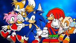 Size: 1192x670 | Tagged: safe, artist:soniclover82, amy rose, cheese (chao), cream the rabbit, knuckles the echidna, miles "tails" prower, sonic the hedgehog, alternate version, group, wallpaper