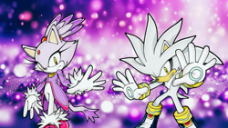 Size: 1192x670 | Tagged: safe, artist:soniclover82, blaze the cat, silver the hedgehog, alternate version, duo, shipping, silvaze, straight, wallpaper