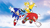 Size: 6932x3894 | Tagged: safe, artist:mercadex_8, knuckles the echidna, miles "tails" prower, sonic the hedgehog, sonic heroes, 2025, abstract background, blue shoes, clouds, flat colors, mid-air, posing, redraw, sky background, team sonic, treads, trio, wallpaper
