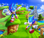 Size: 3700x3200 | Tagged: safe, artist:kelskora, sonic the hedgehog, green hill zone, 2016, abstract background, bush, classic sonic, clouds, daytime, duo, flower, grass, lineless, looking at each other, loop, outdoors, palm tree, pointing, running, self paradox, signature, smile, smiling at each other, sonic generations, sunflower, v sign, water