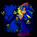 Size: 2048x2048 | Tagged: safe, artist:wumpa_tea, sonic the hedgehog, 2023, abstract background, beanie, cosplay, crossover, exclamation mark, hat, lidded eyes, looking at viewer, looking back, looking back at viewer, parappa the rapper, signature, smile, solo, standing, v sign