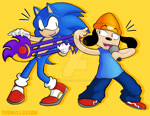 Size: 1024x792 | Tagged: safe, artist:toonillusion, sonic the hedgehog, dog, hedgehog, 2021, crossover, deviantart watermark, duo, eyebrow clipping through clothes, floating eyebrows, guitar, holding something, looking at them, microphone, mouth open, obtrusive watermark, parappa the rapper, signature, simple background, singing, smile, standing, watermark, yellow background