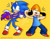 Size: 1024x792 | Tagged: safe, artist:toonillusion, sonic the hedgehog, dog, hedgehog, 2021, crossover, deviantart watermark, duo, eyebrow clipping through clothes, floating eyebrows, guitar, holding something, looking at them, microphone, mouth open, obtrusive watermark, parappa the rapper, signature, simple background, singing, smile, standing, watermark, yellow background