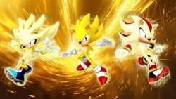 Size: 1920x1080 | Tagged: safe, artist:soniclover82, shadow the hedgehog, sonic the hedgehog, super shadow, super sonic, 3d, super form, super silver, trio, wallpaper