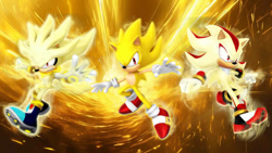 Size: 1192x670 | Tagged: safe, artist:soniclover82, shadow the hedgehog, sonic the hedgehog, super shadow, super sonic, 3d, alternate version, super form, super silver, trio, wallpaper