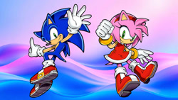 Size: 1192x670 | Tagged: safe, artist:soniclover82, amy rose, sonic the hedgehog, alternate version, duo, wallpaper