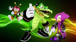 Size: 1920x1080 | Tagged: safe, artist:soniclover82, charmy bee, espio the chameleon, vector the crocodile, 3d, team chaotix, trio, wallpaper
