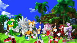 Size: 1193x670 | Tagged: safe, artist:sonicanimations1991, amy rose, blaze the cat, jet the hawk, knuckles the echidna, miles "tails" prower, shadow the hedgehog, silver the hedgehog, sonic the hedgehog, green hill zone, 3d, group, palm tree, screenshot background, watermark