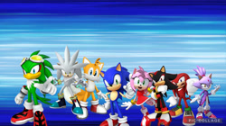 Size: 1193x670 | Tagged: safe, artist:sonicanimations1991, amy rose, blaze the cat, jet the hawk, knuckles the echidna, miles "tails" prower, shadow the hedgehog, silver the hedgehog, sonic the hedgehog, 3d, group, watermark