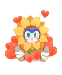 Size: 1080x1300 | Tagged: safe, artist:satow_tewu, sonic the hedgehog, 2025, :o, blushing, crying, heart, looking at viewer, mouth open, signature, simple background, sitting, solo, sonic boom (tv), sunflower, sunflower sonic, tears, white background