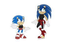 Size: 6500x4500 | Tagged: safe, artist:soap-rain, sonic the hedgehog, 2022, boots, classic sonic, crop top, duo, eyelashes, gender swap, jacket, jacket around waist, looking offscreen, pants, self paradox, shorts, simple background, smile, sonic generations, standing, transparent background