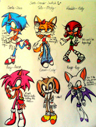 Size: 900x1190 | Tagged: safe, artist:crystalx123, amy rose, cream the rabbit, knuckles the echidna, miles "tails" prower, rouge the bat, sonic the hedgehog, 2012, bow, character name, chest fluff, clothes, crop top, dialogue, english text, eyelashes, fingerless gloves, gloves, group, pants, shirt, shorts, skirt, text, traditional media