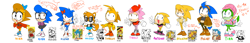 Size: 9973x1700 | Tagged: safe, artist:thegreatrouge, amy rose, brenda the hedgehog, miles "tails" prower, nicky, paulie the hedgehog, sonic the hedgehog, tania the hedgehog, oc, oc:clear the hedgehog, 2015, anton, aviator jacket, baseball cap, blue shoes, boots, bow, cap, character name, classic sonic, classic tails, clothes, crop top, eimi the hedgehog, english text, eyelashes, eyewear on head, flat colors, gender swap, gilet, glasses, gloves, goggles, goggles on head, group, hat, jacket, looking at viewer, mouth open, open smile, pants, reference inset, shirt, shoes, simple background, skirt, smile, sonic the hedgehog (shogakukan), standing, sunglasses, sweater, text, v sign, wall of tags, white background