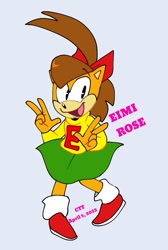 Size: 689x1024 | Tagged: safe, artist:cerberustheterrible, hedgehog, 2022, character name, double v sign, eimi the hedgehog, eyebrow clipping through hair, grey background, looking at viewer, mouth open, open smile, shoes, signature, simple background, skirt, smile, smiling at viewer, socks, solo, sonic the hedgehog (shogakukan), sweater, v sign