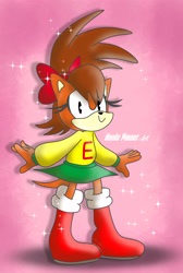 Size: 1982x2951 | Tagged: safe, artist:nonicpower, hedgehog, 2023, arms out, boots, clothes, cute, eimi the hedgehog, eimibetes, eyelashes, gradient background, looking at viewer, signature, skirt, smile, smiling at viewer, socks, solo, sonic the hedgehog (shogakukan), sparkles, standing, sweater