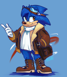 Size: 1026x1181 | Tagged: safe, artist:artisyone, paulie the hedgehog, hedgehog, 2022, aviator jacket, blue background, boots, clothes, eyewear on head, gloves, goggles, goggles on head, hand in pocket, jacket, looking at viewer, movie style, pointing, scarf, shoelaces, signature, simple background, smile, solo, sonic the hedgehog (shogakukan), standing